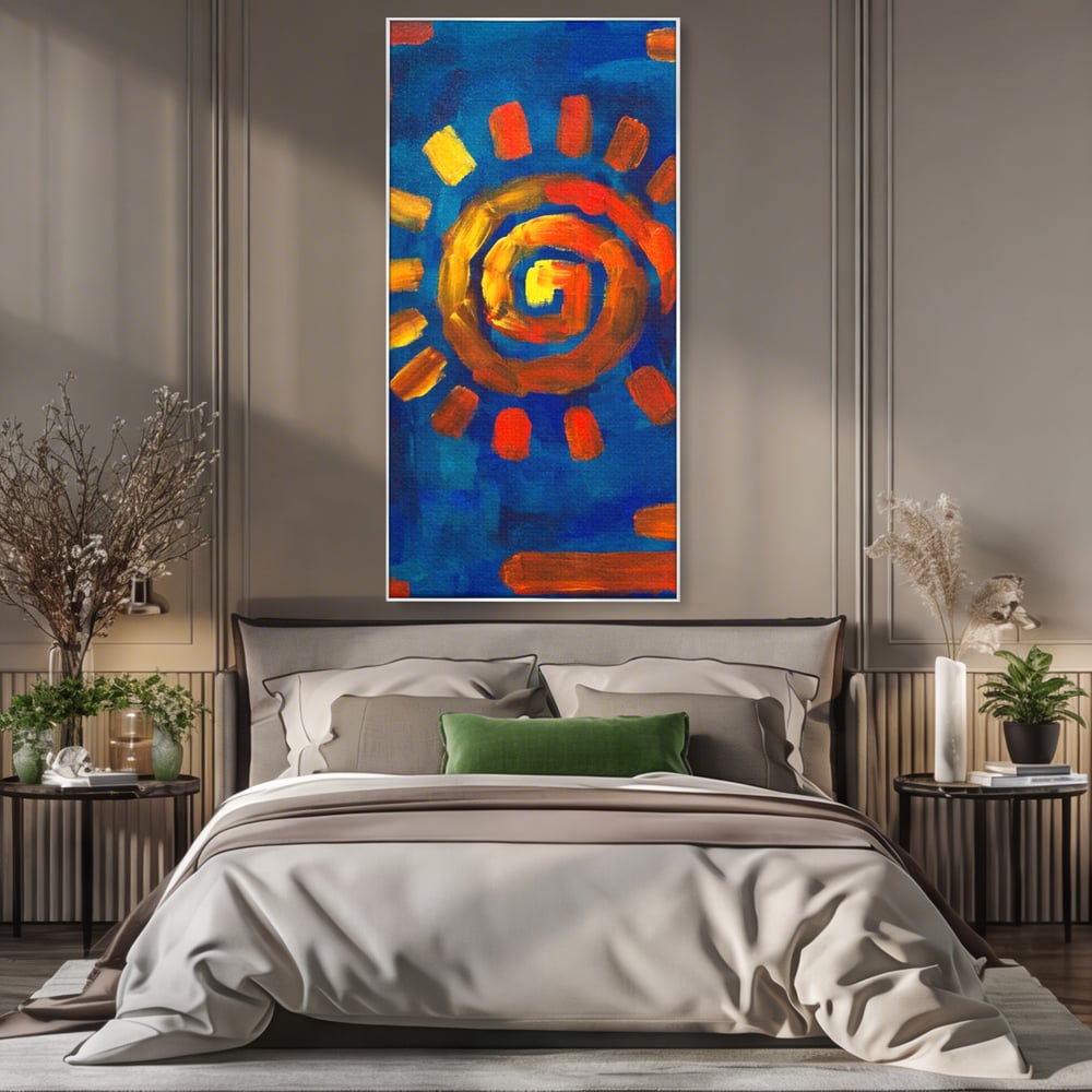 Tablou canvas cu tablou pictura cu soare spiralat, in rama de aluminiu argintiu, pe perete intr-un dormitor